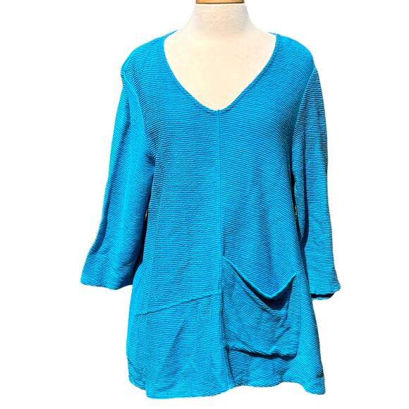 Habitat 100% Cotton Top Woman’s Size Medium Blue Asymmetrical Ribbed Lagenlook - Picture 1 of 12